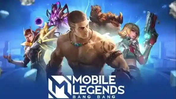 Mobile Legends: Bang Bang promotional image with five fantasy game characters including a muscular fighter, an armored archer, a gunslinger, and a horned monster, above the Mobile Legends: Bang Bang logo, against a blue futuristic background