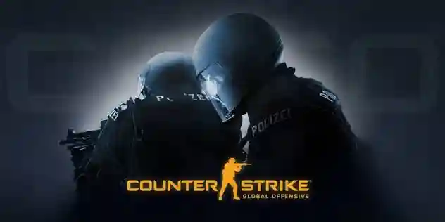 Counter-Strike: Global Offensive promotional image showing two helmeted tactical police officers in dark gear against a shadowy grey background, with the Counter-Strike: Global Offensive logo below