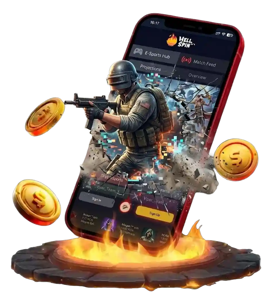 Hellspin app on a smartphone with a tactical soldier holding a rifle breaking through the screen, displaying an E-Sports Hub with Match Feed and Projections tabs, surrounded by floating gold dollar coins on a fiery stone base against a white background