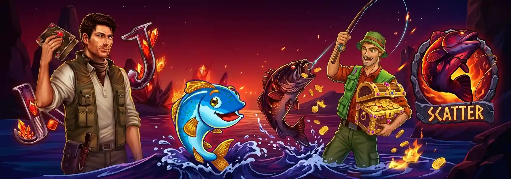 Hellspin Casino fishing slot game banner featuring an explorer character, a fisherman reeling in fish, a treasure chest, and card symbols with a scatter icon