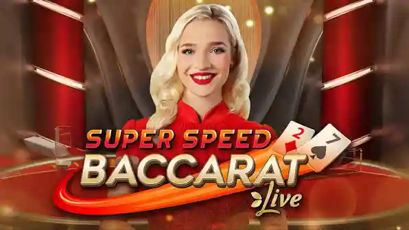 Hellspin Casino live Super Speed Baccarat banner featuring a smiling dealer in a red top