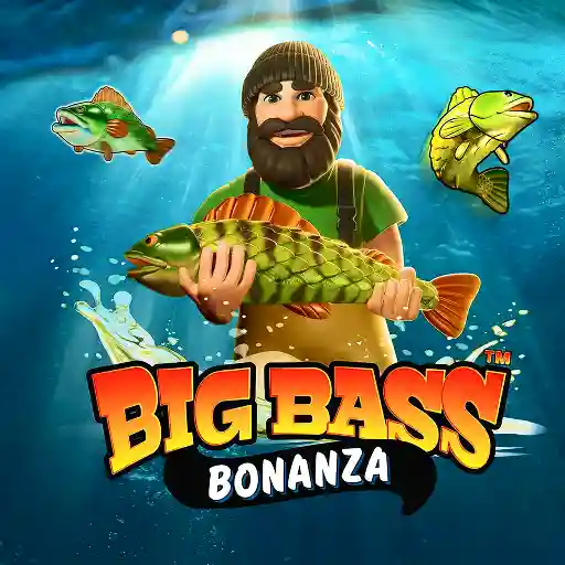 Hellspin Casino Big Bass Bonanza slot game logo featuring a fisherman holding a large bass underwater