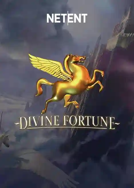 Hellspin Casino Divine Fortune slot game logo by NetEnt featuring a golden Pegasus above a castle