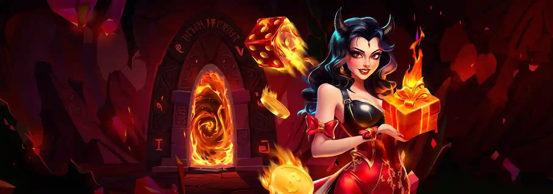 Hellspin Casino devil-horned character in a red dress holding a gift box beside a flaming portal, dice, and coins
