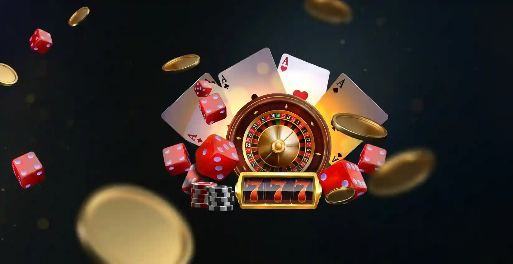 Casino-themed graphic with a roulette wheel, a slot machine reel showing triple sevens, four fanned ace playing cards, red dice, poker chips, and floating gold coins, on a dark background