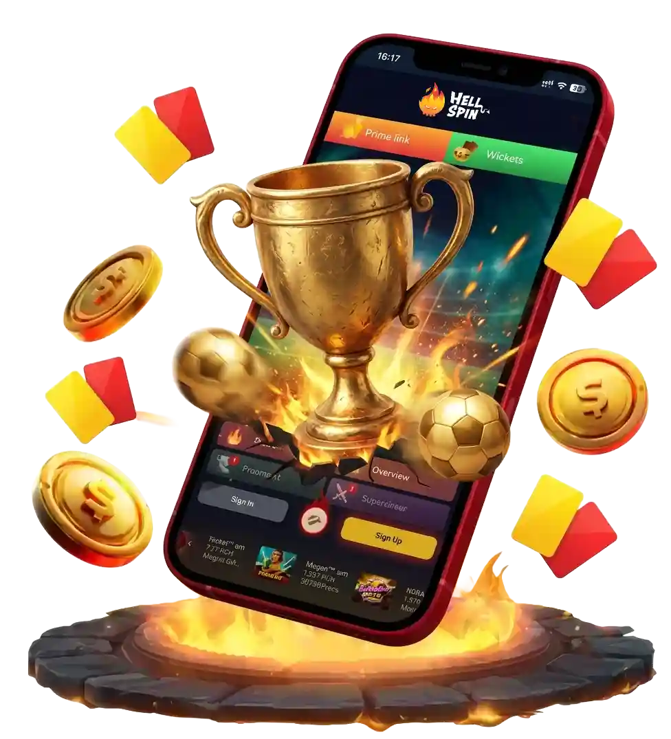 Hellspin app on a smartphone with a gold trophy and soccer balls breaking through the screen, surrounded by floating gold dollar coins and red and yellow referee cards, sitting on a fiery stone base against a white background