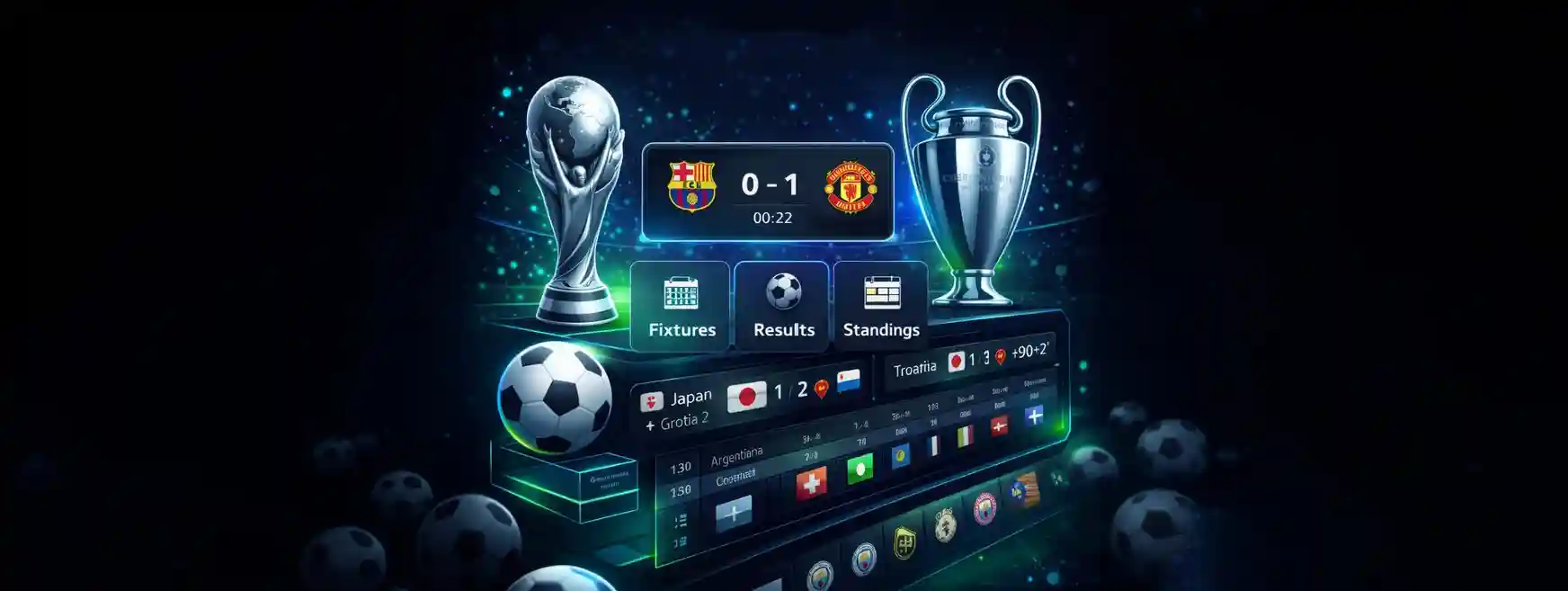 Football scores and fixtures dashboard on a dark blue background, featuring two trophies, a live match scoreboard, Fixtures/Results/Standings navigation tabs, a list of match scores for various national and club teams, and soccer balls scattered in the fo