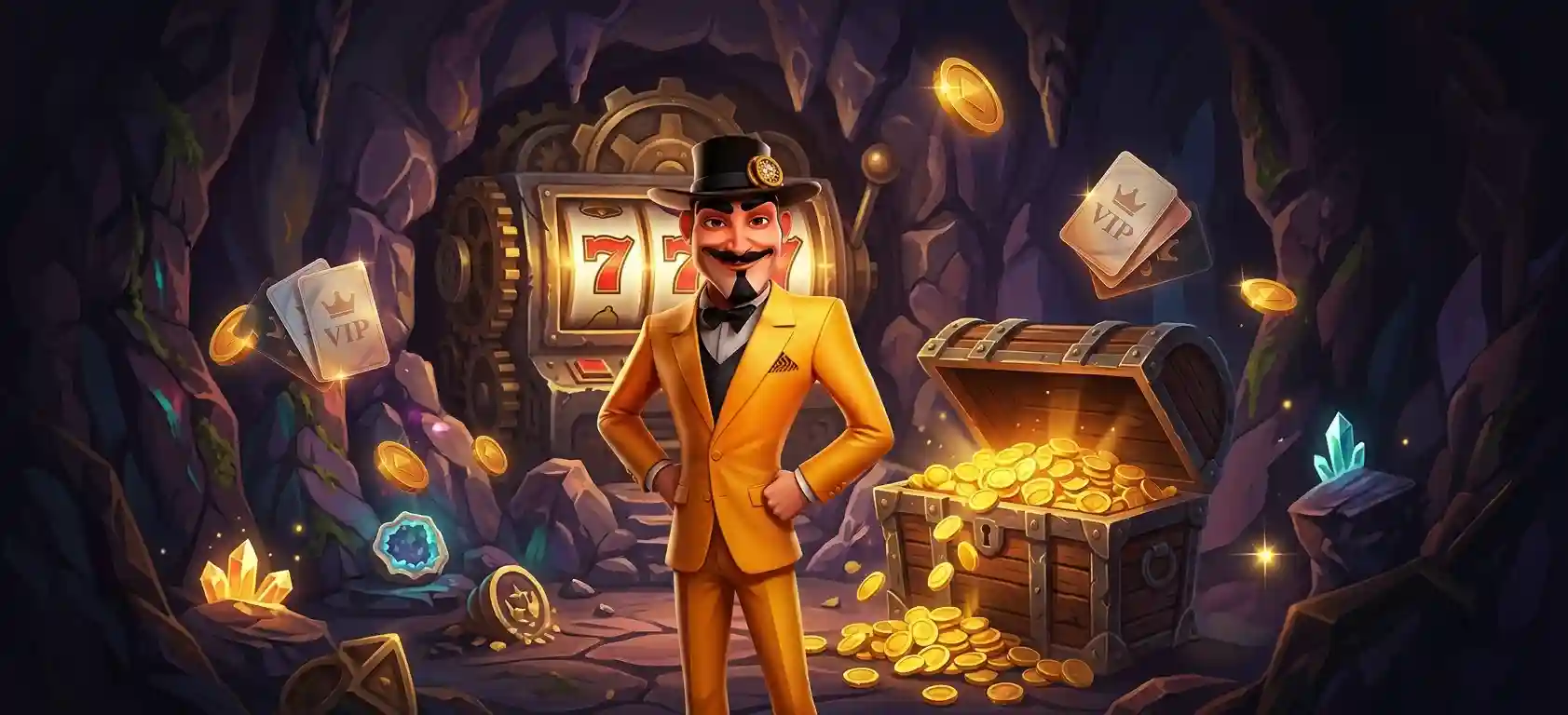 Mustachioed character in a gold suit and top hat standing confidently in front of a slot machine showing triple sevens, next to an open treasure chest of gold coins, gemstones, and VIP playing cards with crown icons, in a dark cave